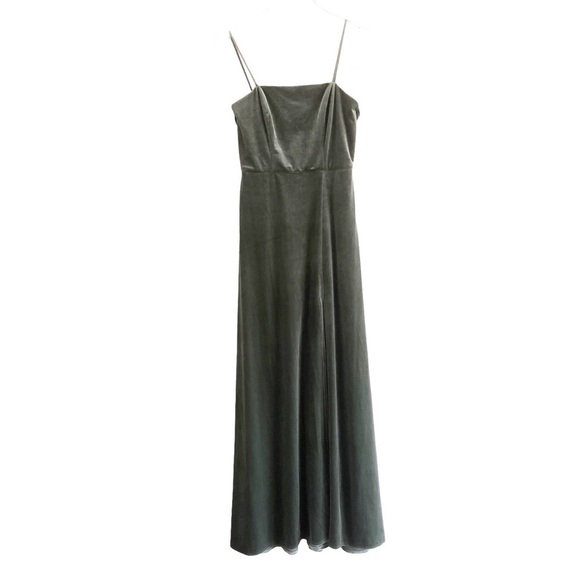 Lovely Womens Sage Green Velvet A-line High Slit Gown Size 4 - Picture 14 of 16